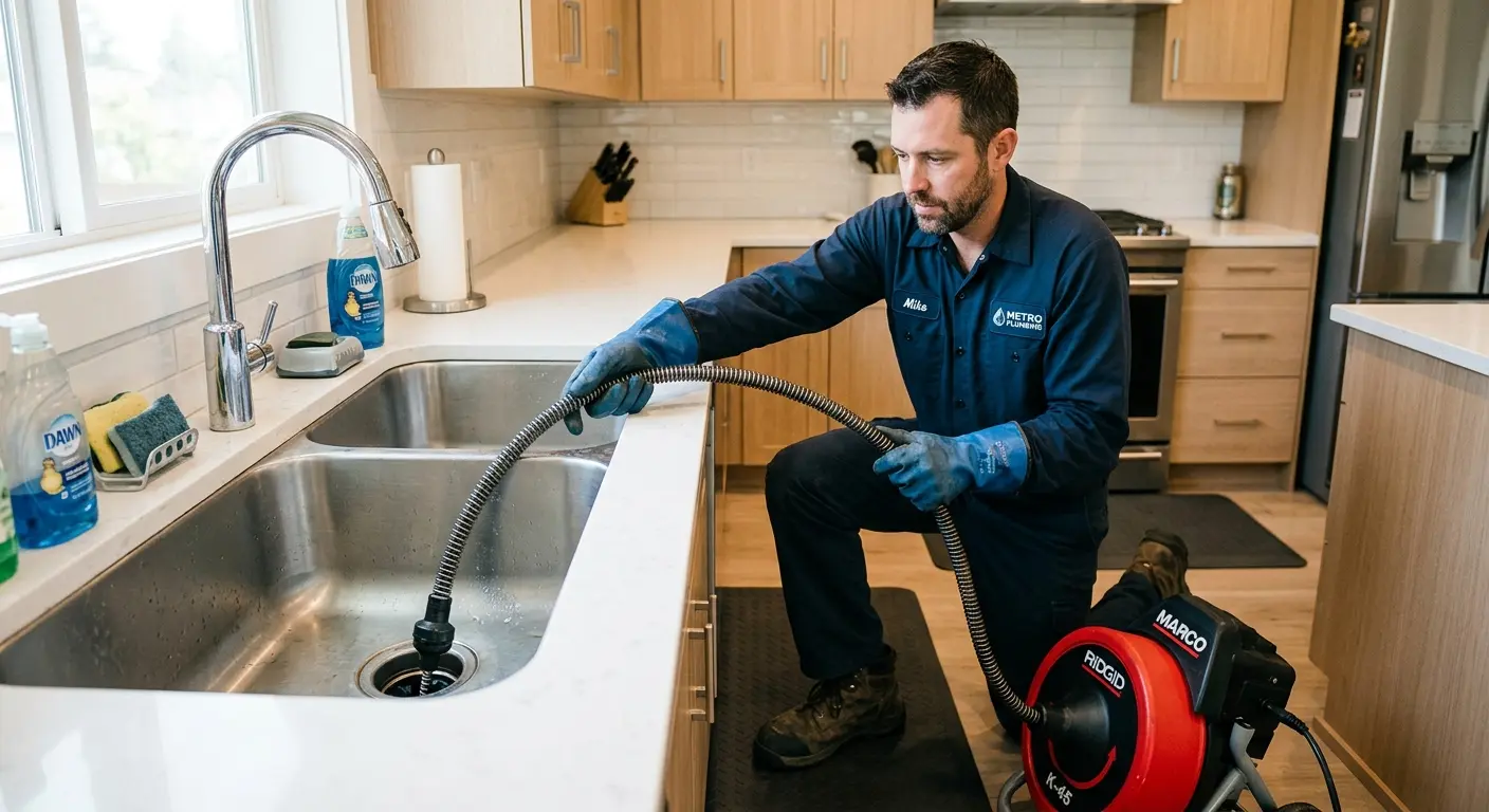 Drain cleaning technician using a motorized snake on a kitchen sink in Mustang