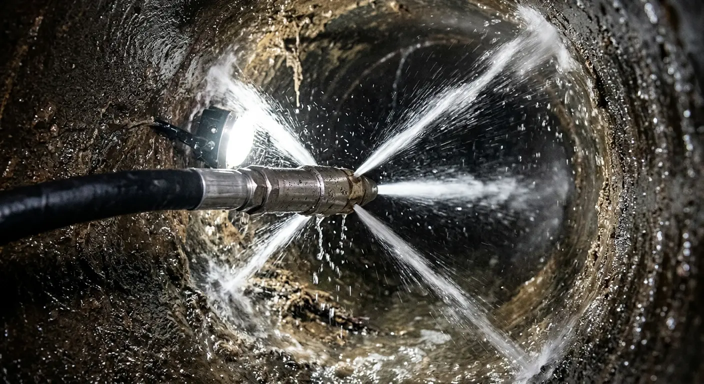 High-pressure hydro jetting nozzle cleaning sewer pipe for Trenchless Sewer Repair in Mustang