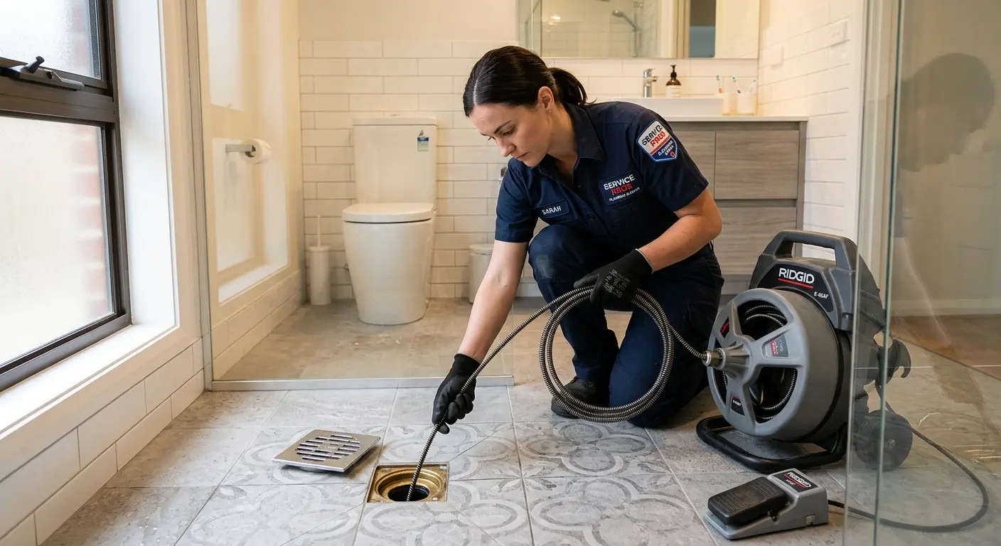 Technician clearing a bathroom floor drain for Sewer Line Installation in Mustang